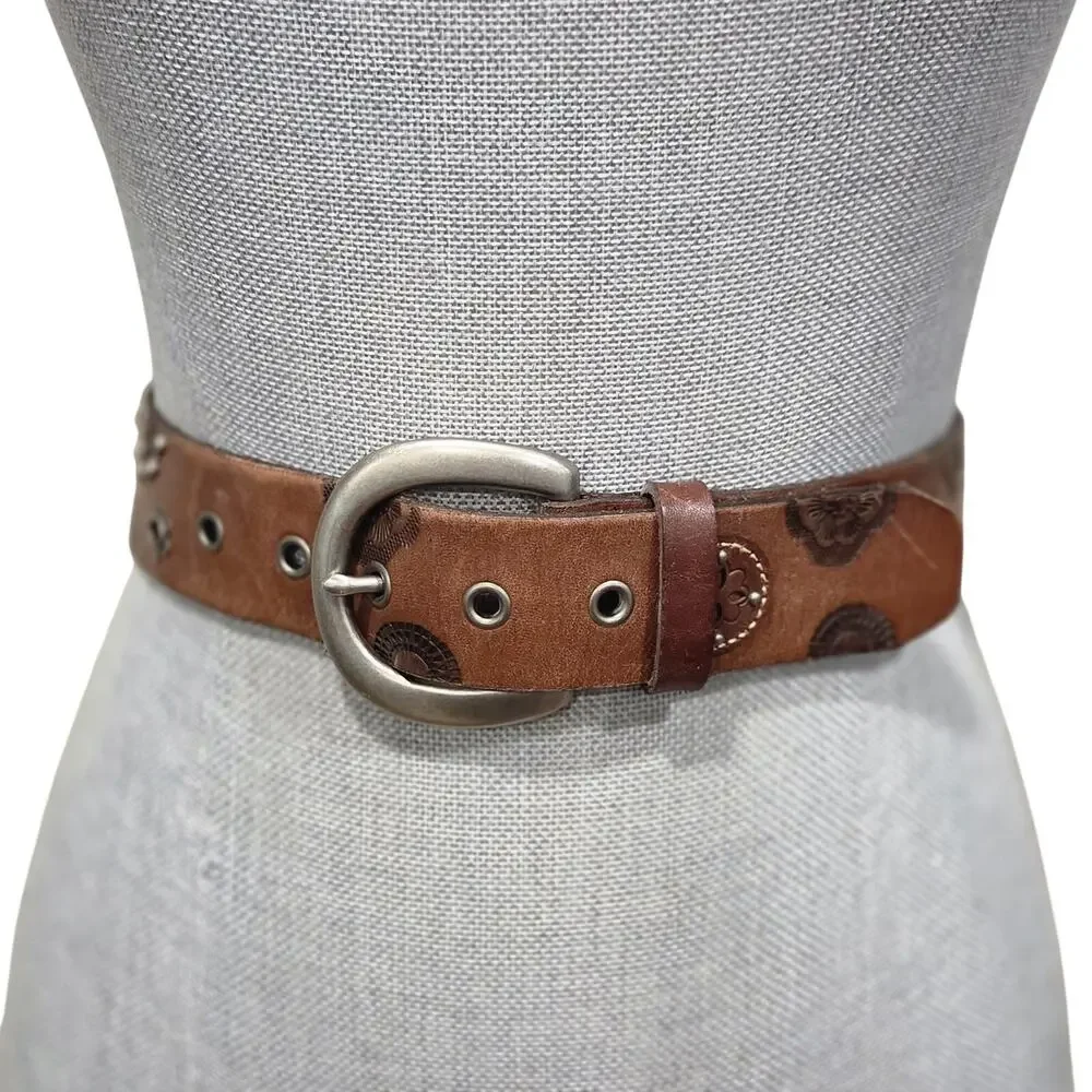 Boho Genuine Leather Embossed Medallion Belt | Brown Western Festival | Medium